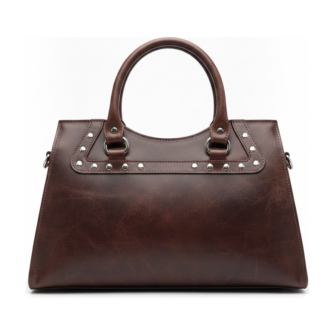 Bolsa Tote Feminina Couro Marrom Tachas Alça de Ombro - traseira