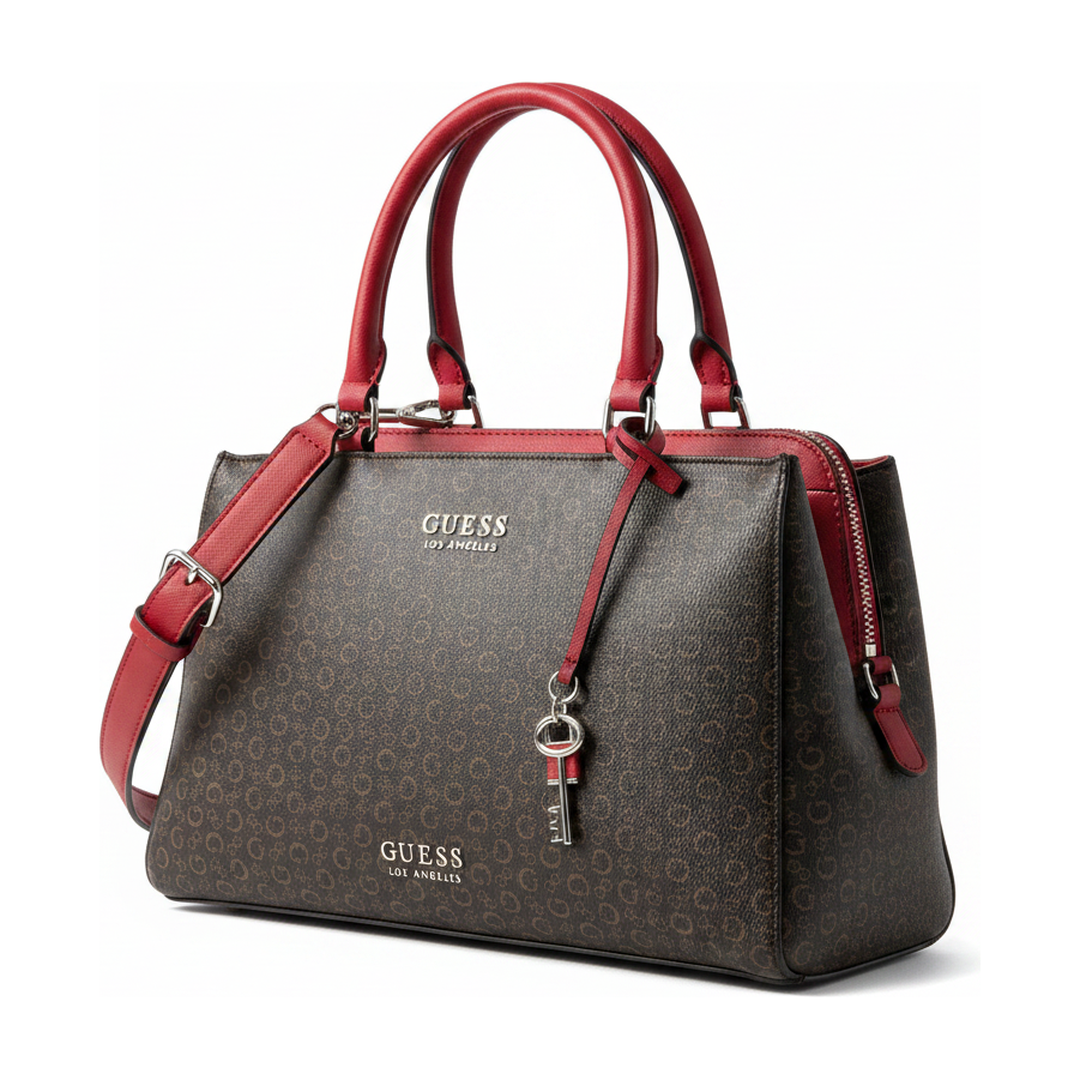 Bolsa Guess Satchel Feminina Monograma Marrom e Vinho - ângulo