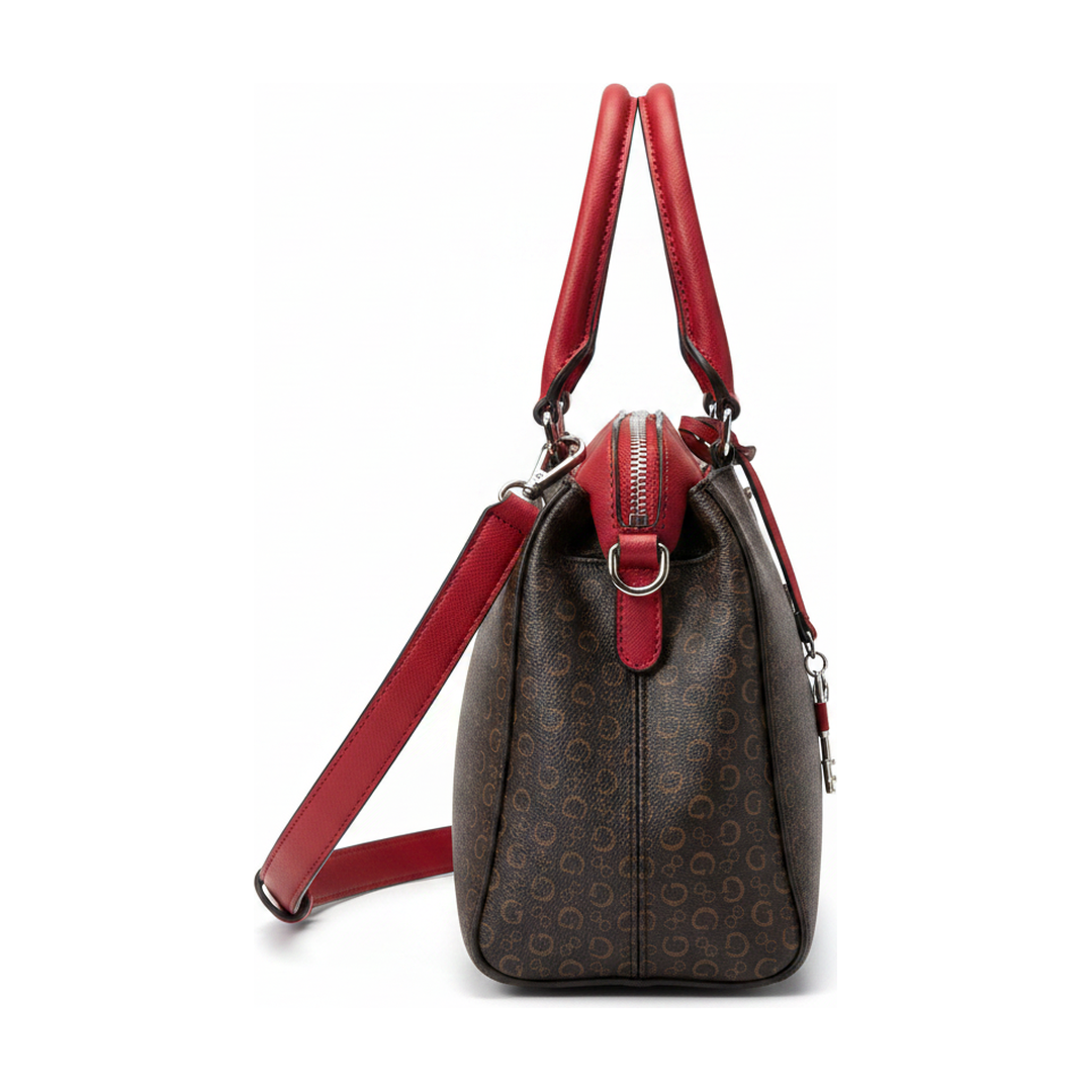 Bolsa Guess Satchel Feminina Monograma Marrom e Vinho - lateral