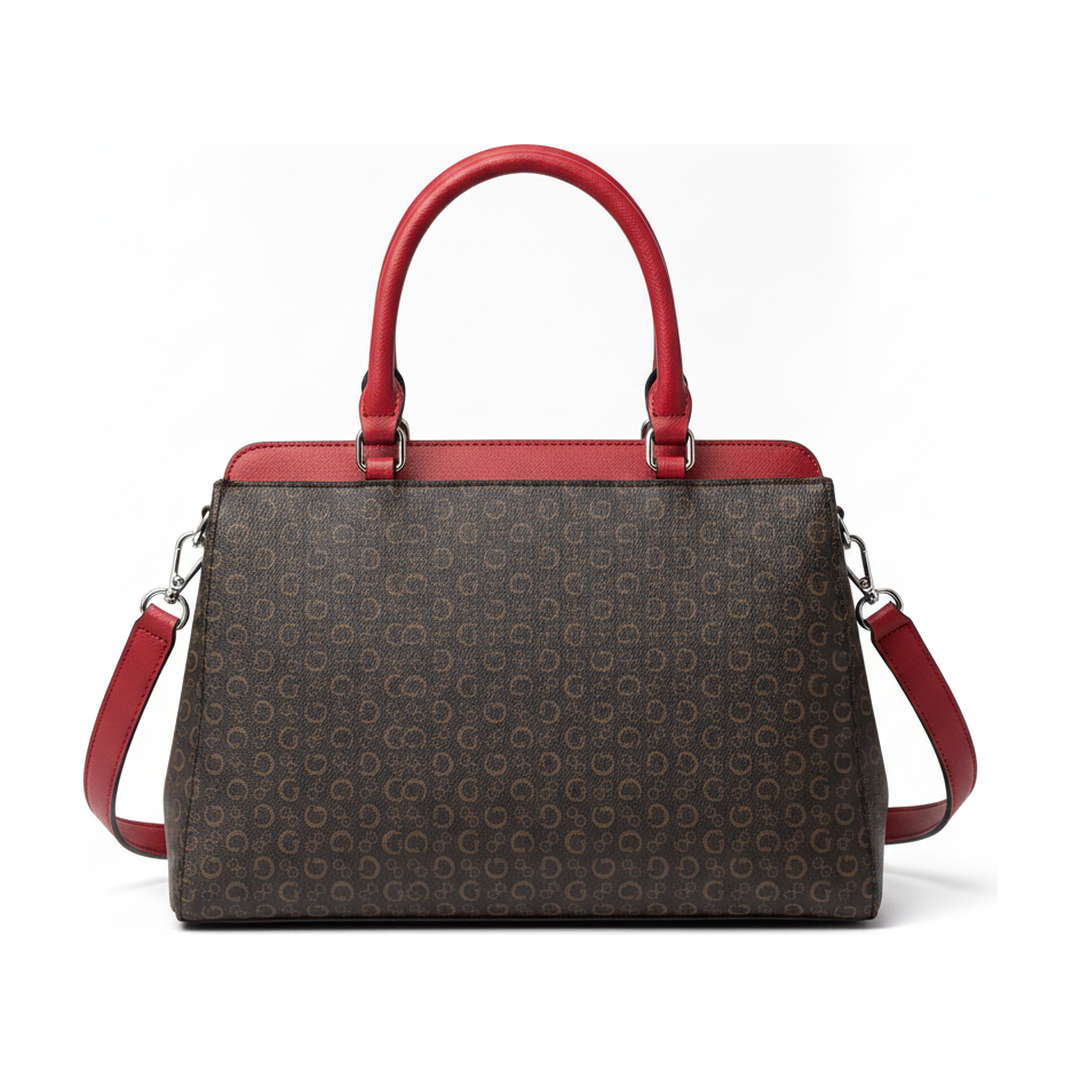 Bolsa Guess Satchel Feminina Monograma Marrom e Vinho - traseira